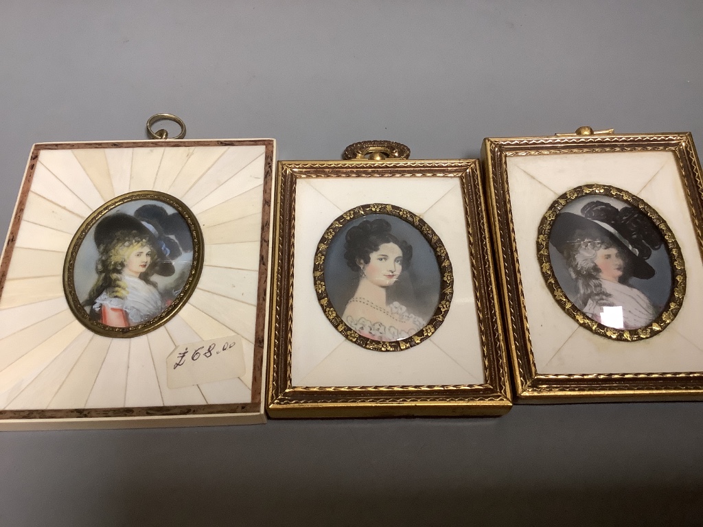 Two Victorian tortoiseshell card cases, a simulated tortoiseshell snuff box and ten framed portrait miniatures.